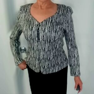St. John Evening Suit Fits 6,8,10 Black & Silver Zip Jacket & Black Pencil Skirt